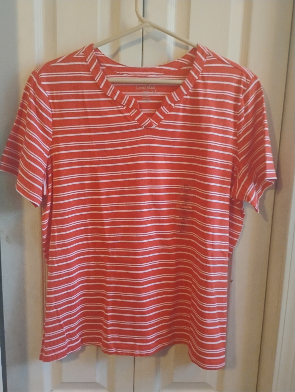 Coral Bay Petite PXL Top Orange White Striped V-Neck 100% Cotton Short Sleeve